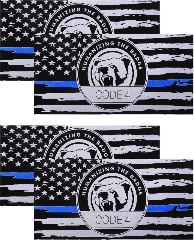 lot 7983 image: 2 Packs Car Decals Police Code 4 Reflective Vinyl Sticker, Thin Blue Line (4pcs
