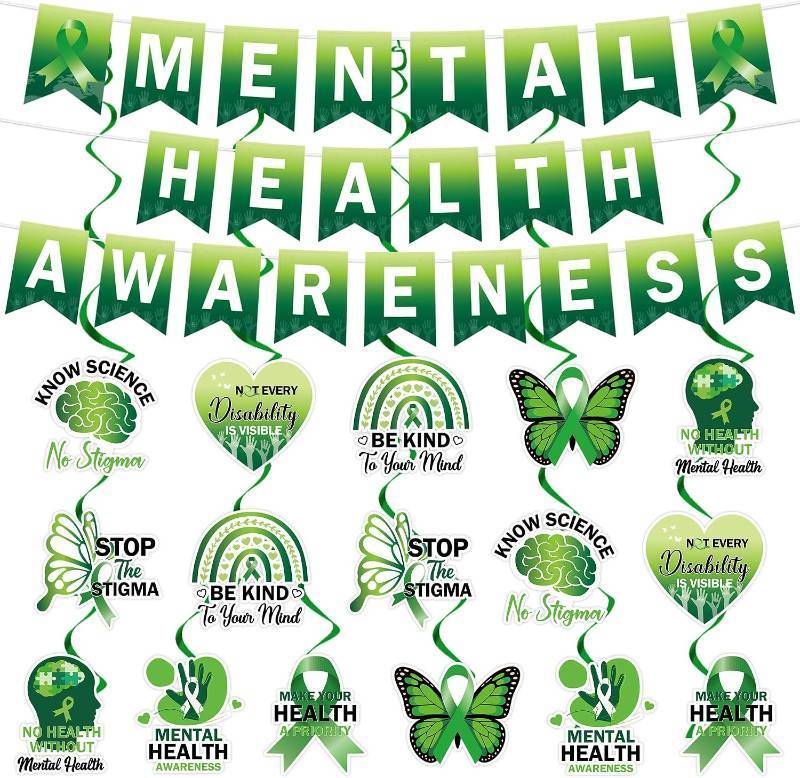 lot 8344 image: Mental Health Awareness Decorations 3-Banner Set with 16 Swirls, Faith&Hope
