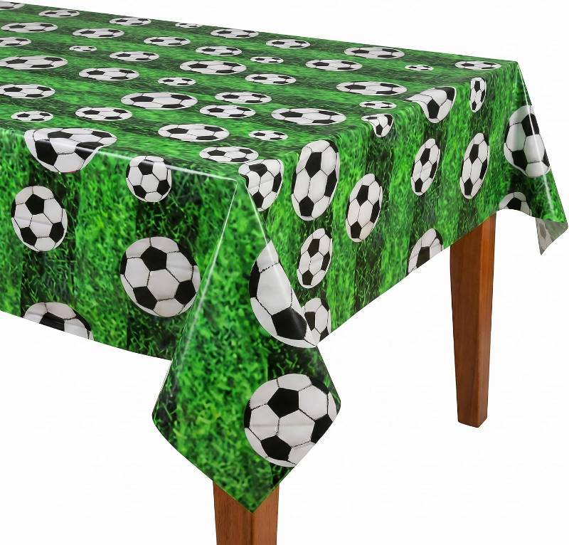 lot 8670 image: Soccer Field Tablecloth 54 x 108 in, Green, Disposable Plastic Table Cover 2 Pac