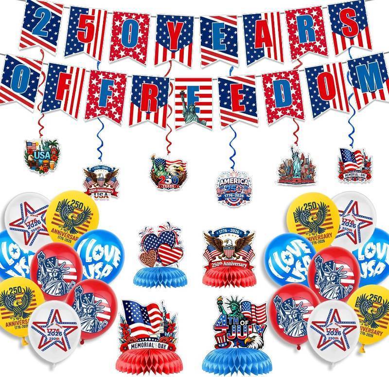 lot 11943 image: America 250th Anniversary Party Decorations Banner, Balloons, Hanging Swirls