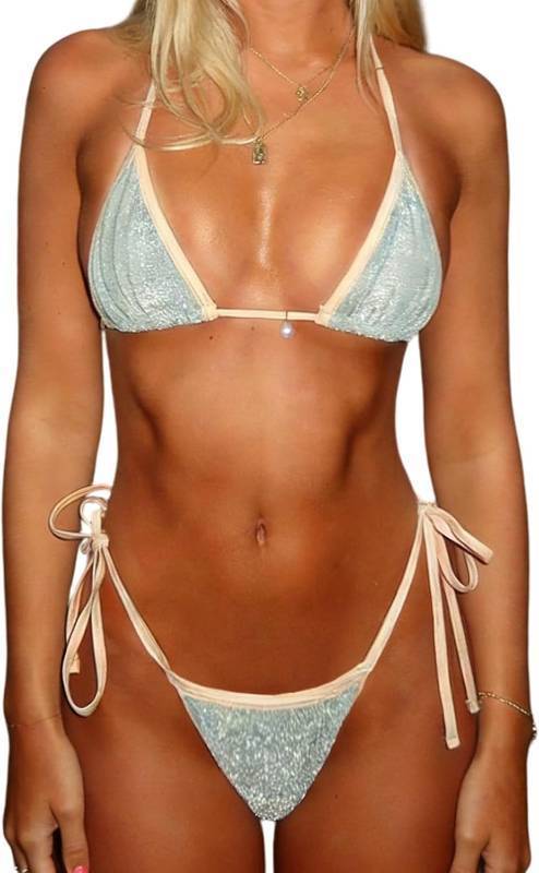 lot 12133 image: Womens Triangle Bikini - Thong, Sparkly Halter Two-Piece Swimwear Large