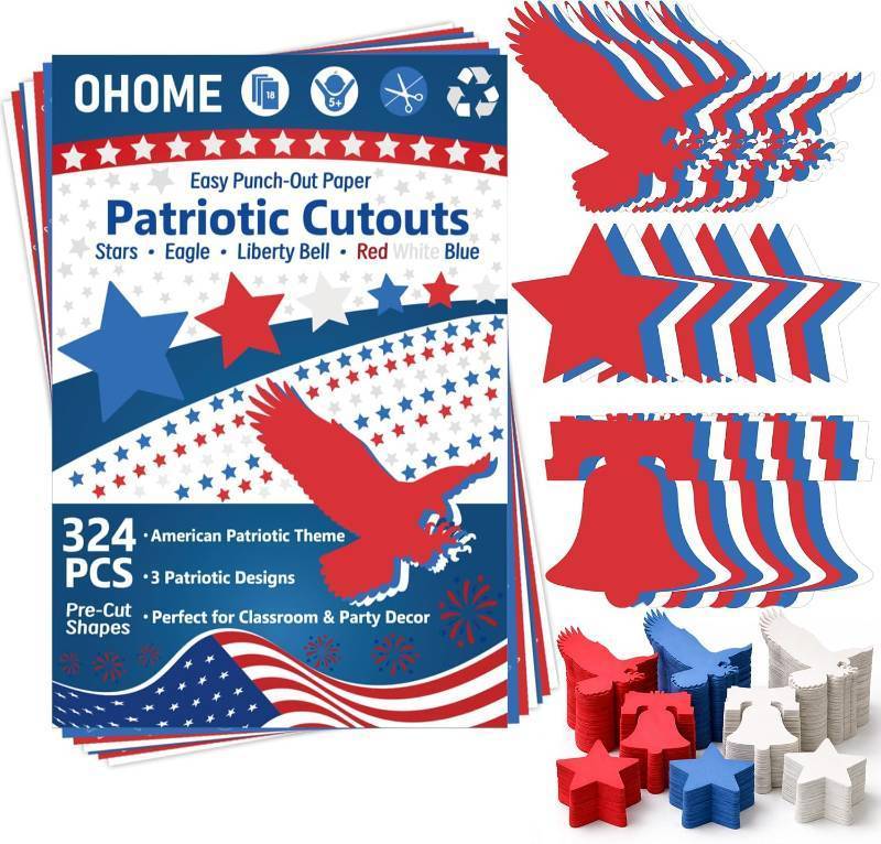 lot 12257 image: 3 Packs 4th of July Decorations 324 PCS Red White Blue Star & Eagle Cutouts