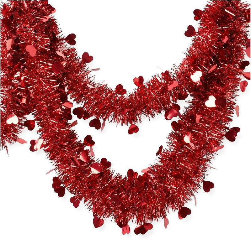 lot 12348 image: 50FT Valentine Tinsel Garland, Red Heart Dual-Color Glitter Hanging Decor