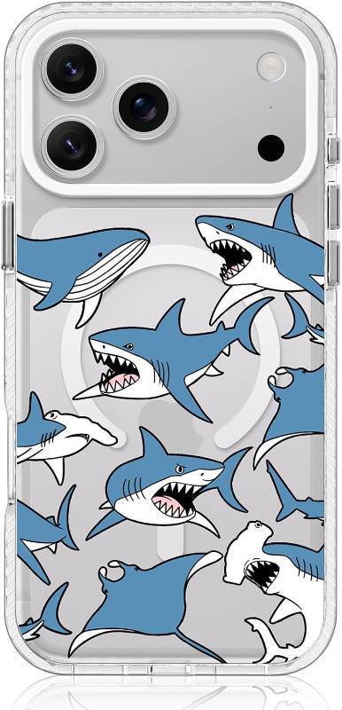 lot 12352 image: Clear iPhone 17 Pro Case, MagSafe, Blue Sharks Design, Magnetic Shockproof