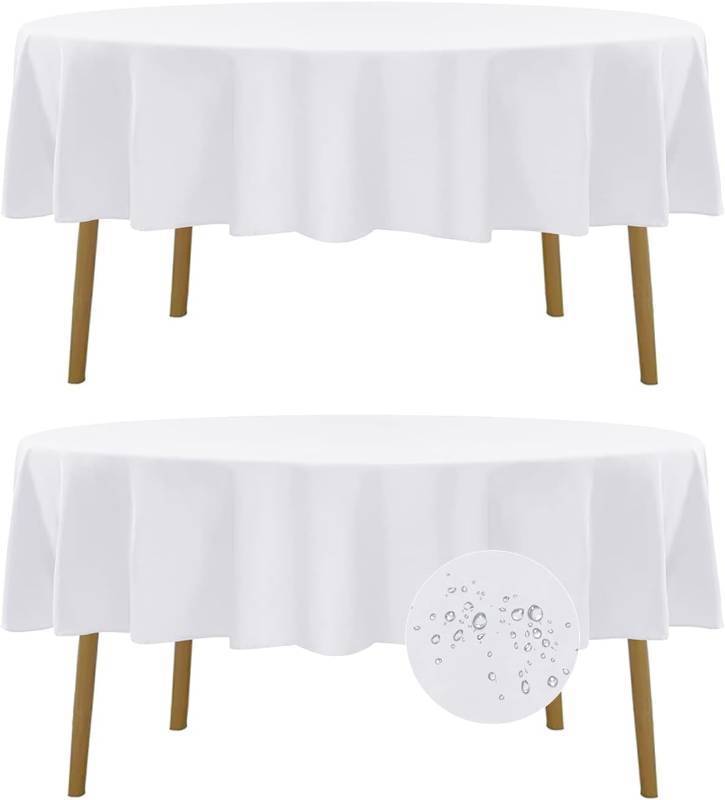lot 8889 image: Fokitut 2 Pack Round Tablecloth, 60-Inch, Stain-Resistant Polyester, White