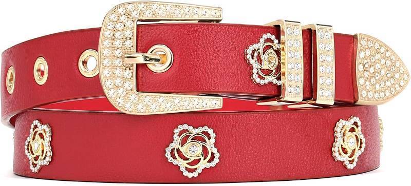 lot 9091 image: Women Studded Belt with Rhinestone Floral Rivet Punk Y2K Faux Leather White
