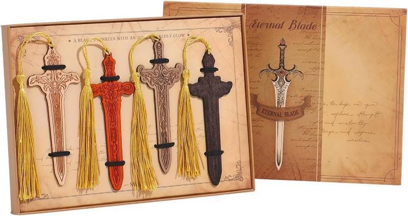 lot 9146 image: 4 Pieces Sword Bookmarks with Tassel, Vintage Wooden Engraved Bookmark Set