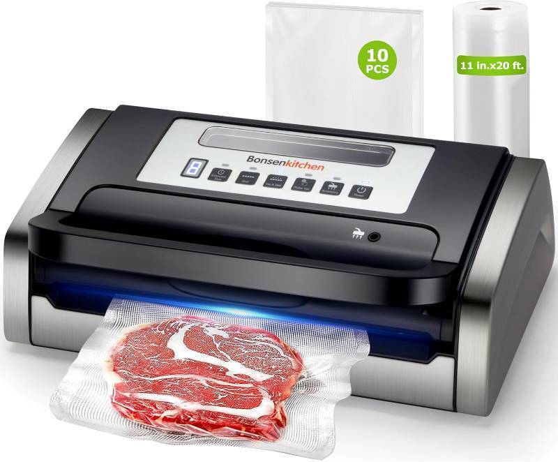 lot 20315 image: Bonsenkitchen Vacuum Sealer Machine, Globefish Technology for Perfect Vacuum Sealing, Powerful Low-Noise Food Vacuum Sealer with Easy Handle Design, Built-in Cutter &amp Bag Storage, 1 Bag Roll &amp 10 Bags - Retail $89.99