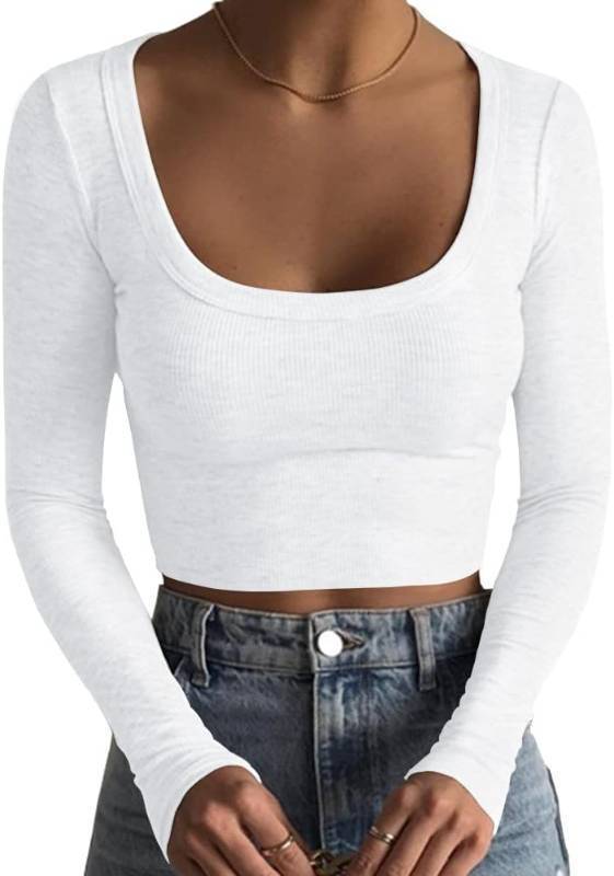 lot 19608 image: Artfish Womens Square Neck Long Sleeve Ribbed Slim Fitted Casual Basic Crop Top SIZE S