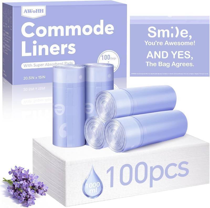 lot 20379 image: 100 Pcs Bedside Commode Liners with Absorbent Pads, Tear-Free Leak-Proof Lavender Scented Commode Liners and Pads, Odor-Free Portable Toilet Liners & Potty Chair Bags for Disposable Adult, Bedpan