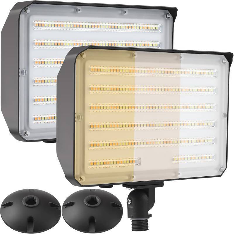lot 20759 image: 2PACK Outdoor 100W LED Flood Light with Knuckle & Plate, Dusk to Dawn 3000K4000K5000K 14000LM Commercial LED Floodlight Fixture, ETL Security Lighting for Landscape, Parking Lot, Yard