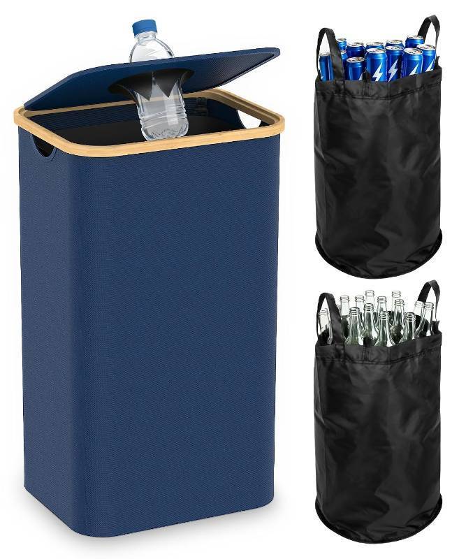 lot 17318 image: Recycling Bins for Kitchen, 26 Gallon (100L) Recycle Bin with lid, Indoor Oxford Fabric Recycling Trash Can with 2 Pack Removeable and Reusable Inner Bags for Bottle Can Glass Plastic Sticker, Blue