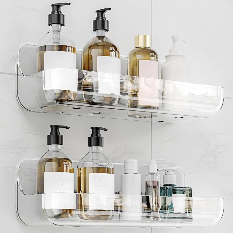 lot 17337 image: Adhesive Shower Caddy, 2 Pack Acrylic Bathroom Shelves, No Drill Wall Mount Organizer Storage Shelf