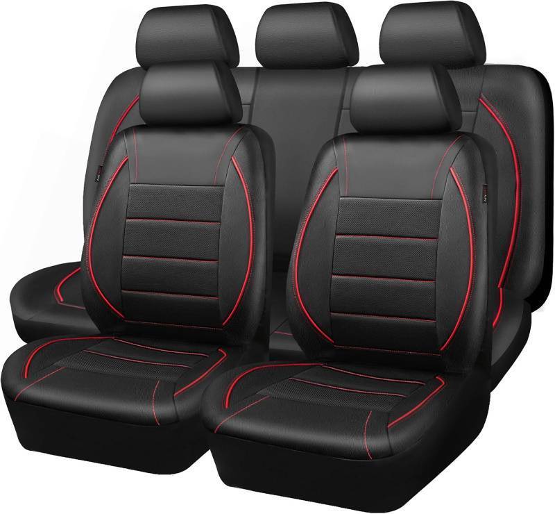 lot 17616 image: CAR PASS Universal FIT Piping Leather Car Seat Cover, for suvs,Van,Trucks,Airbag Compatible,Inside Zipper Design and Reserved Opening Holes (Full Set, Black and Red)