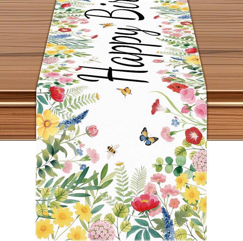 lot 17648 image: Happy Birthday Floral Table Runner with Butterfly Print 72x13 inch  Reusable Linen Texture Table Runner with Wildflower, Bee & Butterfly Design, Machine Washable Birthday Party Table Decoration