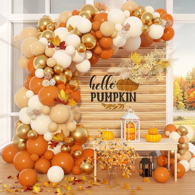 lot 18925 image: 163pcs Fall Balloon Arch Kit Orange Gold White Balloons Garland Kit for Thanksgiving Boho Baby Shower Birthday Autumn Little Pumpkin Fall Festival Party Decorations