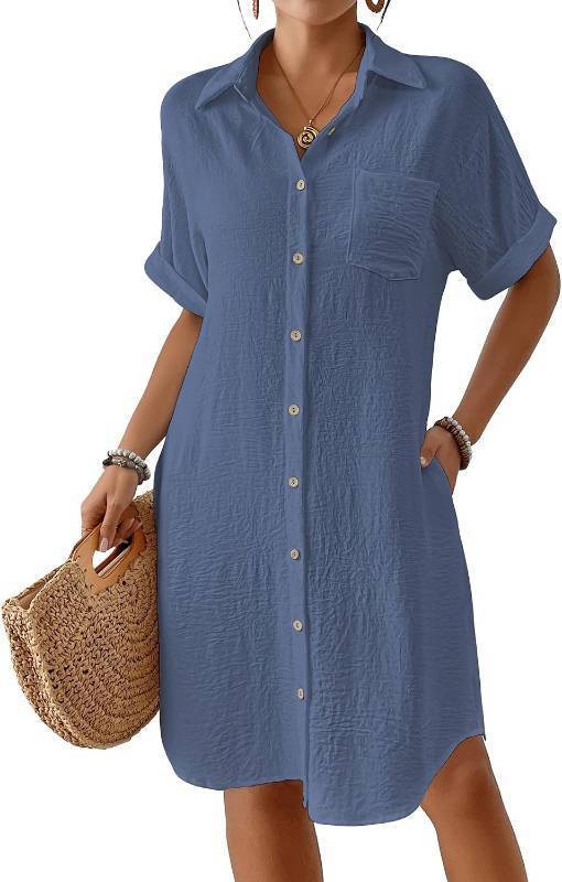 lot 26904 image: Bsubseach Womens Swimsuit Coverup Long Button Down Bathing Suit Cover Ups Short Sleeve Summer Beach Shirt Dress with Pockets SIZE L