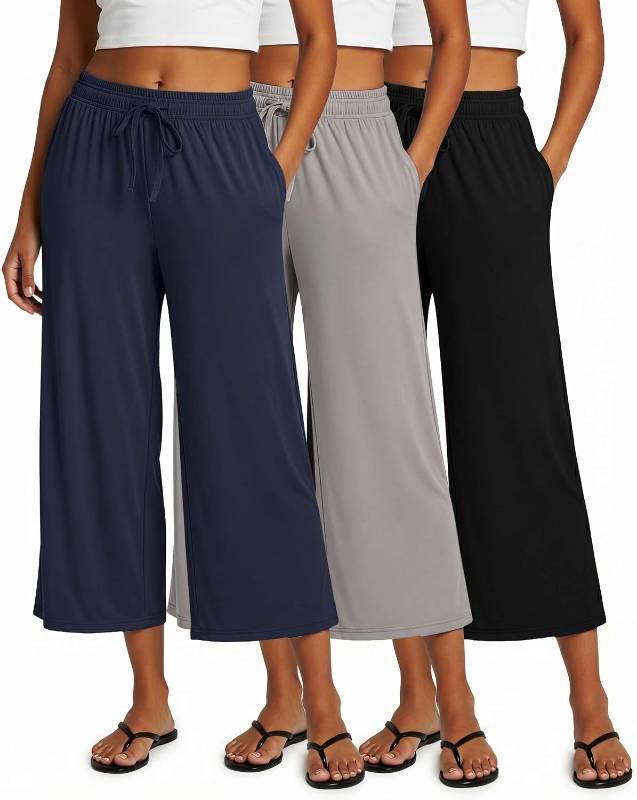 lot 26912 image: Real Essentials 3 Pack Womens Ultra-Soft Wide Leg Loose Capri Open Bottom Pants - Yoga Lounge Pockets(Available in Plus) SIZE L