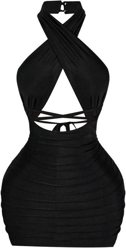 lot 26932 image: SweatyRocks Womens Ruched Mesh Backless Halter Bodycon Mini Dress Cut Out Crisscross Wrap Club Dresses SIZE L