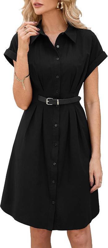 lot 26941 image: YEXPINE Womens Short Sleeve Button Down Shirt Dresses with Corset Waist Belt Casual A Line Mini Work Dress SIZE L