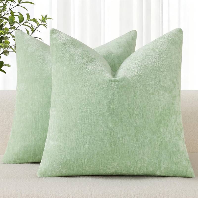 lot 22724 image: decorUhome Chenille Sage Green Summer Throw Pillow Covers 22x22 Inch Set of 2, Decorative Soft Couch Pillow Covers Solid Dyed Accent Farmhouse Neutral Square Pillow Cases for Sofa