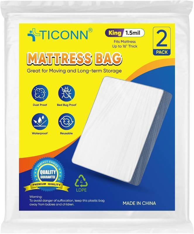 lot 22744 image: TICONN 1PK Plastic Mattress Bag for Moving Storage, Waterproof Mattress Protector Cover, Heavy-Duty Mattress Moving Supplies (1.5 mil, King)