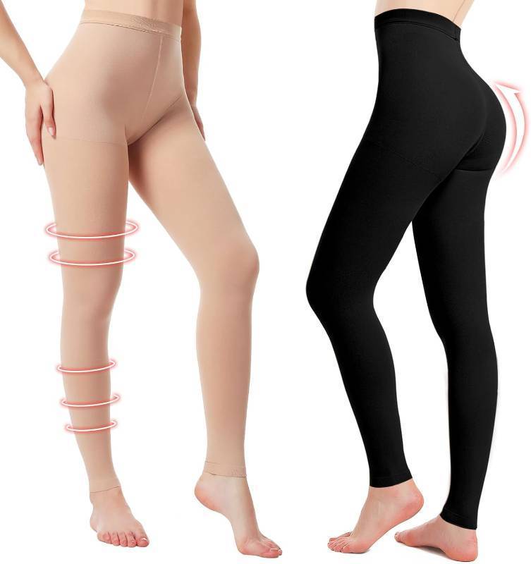 lot 22557 image: 2 Pairs Medical Compression Pantyhose for Women, 20-30mmHg Graduated Support Tight Pants, Opaque Footless Brown Black Size Medium
