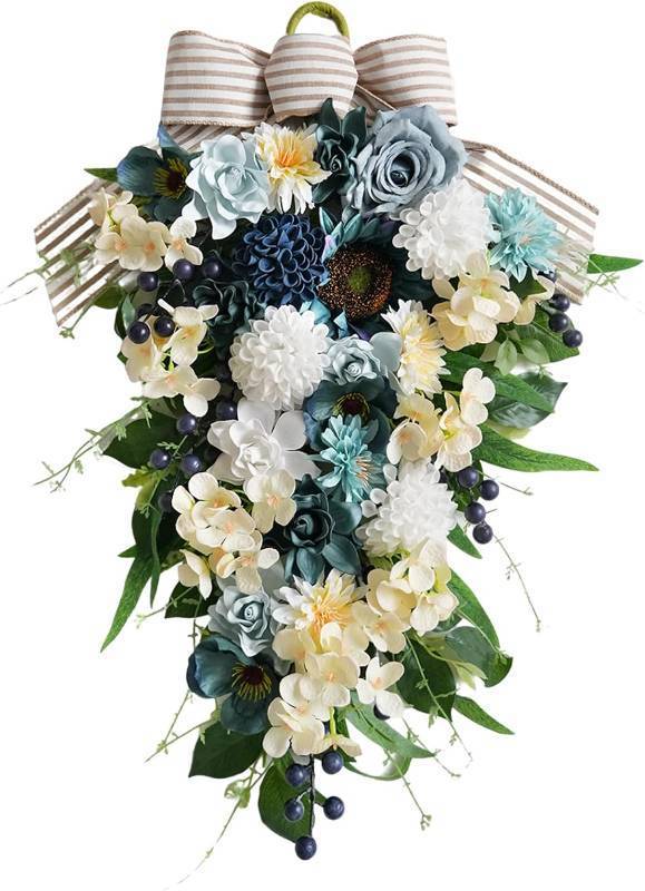 lot 22583 image: Idyllic 25 Inch Spring Blue Rose Door Hanging Artificial Floral Swag for Front Door Window Porch Stair Railing Spring Holiday Indoor Outdoor Home Decor