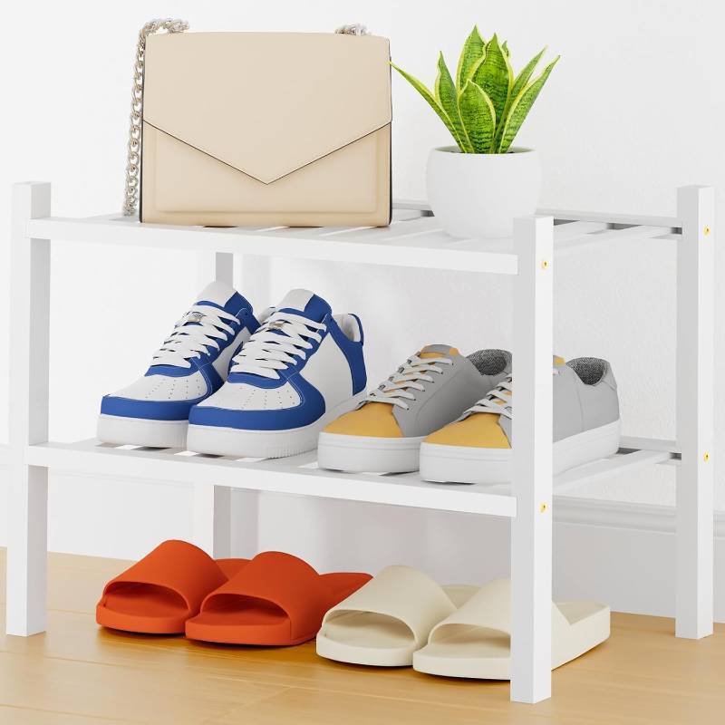 lot 22607 image: Smiry Small Bamboo Shoe Rack, 2 Tier Free Standing Wooden Shoe Organizer, Stackable Wood Shoe Storage Shelf for Closet, Entryway, 14 Vertical Slats, One-piece Heavy-Duty Legs, 17.3x11x13, White