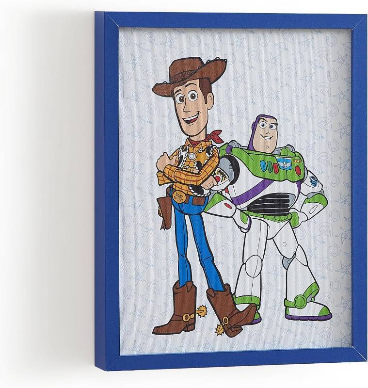 lot 22611 image: Disney Toy Story Woody & Buzz Lightyear Framed Wall Art for Kids Room, Colorful Cartoon Canvas Print with Blue Frame, Decor for Boys Bedroom, Playroom, Nursery Wall Hanging