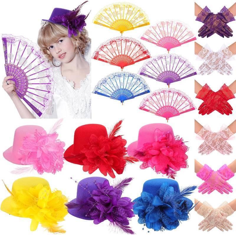 lot 18326 image: JaGely 18 Pcs Girls Tea Party Supplies Girls Mini Tea Party Hat and Gloves Lace Folding Fan(Bright Colors)