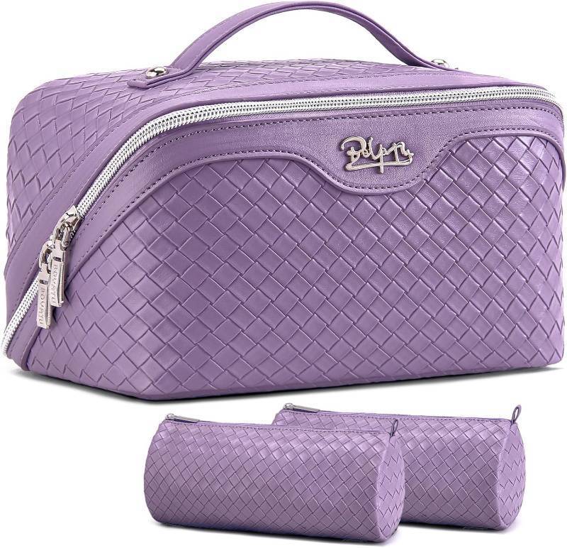 lot 18330 image: BOYATU Travel Makeup Bag Cosmetic Bags for Women Large Capacity 3 Pcs Set Make up Bag with Compartments - Waterproof Vegan Leather Toiletry Organizer Bags with Handle (L01 Purple)