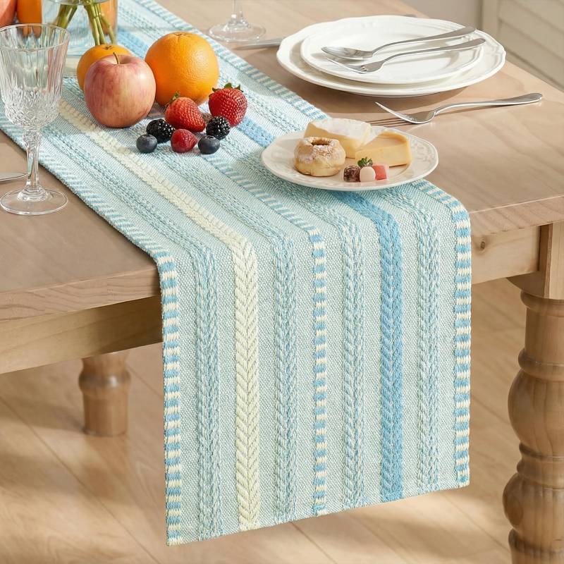 lot 18346 image: Artoid Mode Sky Blue Farmhouse Woven Table Runner, Seasonal Holiday Rustic Kitchen Dining Table Decoration for Home Party Decor 12x72 Inch