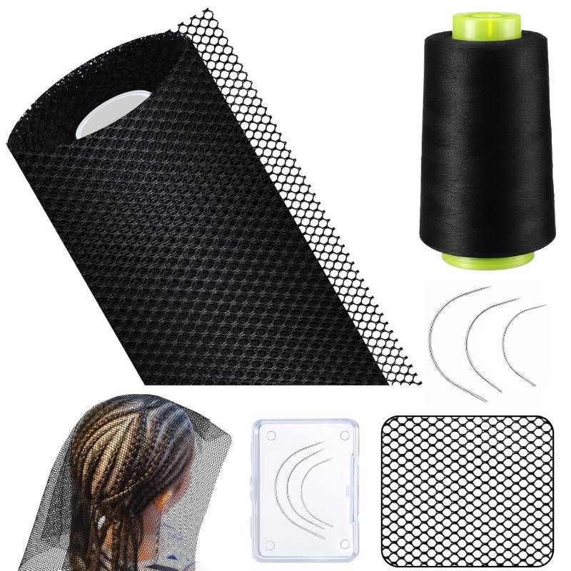 lot 18357 image: 1 Pcs Black Hair Net 19 Inch x 33 ft Stretchy Weaving Net Accessories with 3 Weaving Needles Large Medium Small C Shape Needle 1 Roll Black Thread for Making Wig Sew in Hair Weave Extension