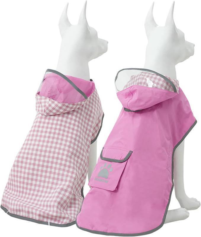 lot 18130 image: MAMORE Dog Raincoat Reversible,Waterproof Dog Rain Coat Hooded Slicker Poncho with Reflective Strip, Plaid Double Layer Rain Jacket for Small Medium Large Dogs (Dark Pink, X-Large(37-55lb))