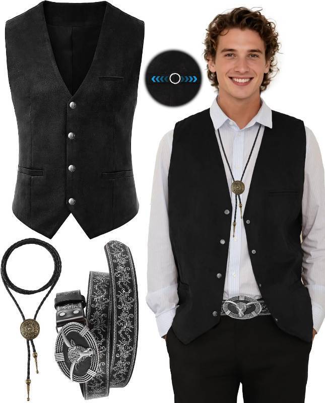 lot 18189 image: 3 PCS Cowboy Outfit for Men, Western Cowboy Costume Vest, Men Cowboy Costume with Western Belt Necktie for Halloween Party