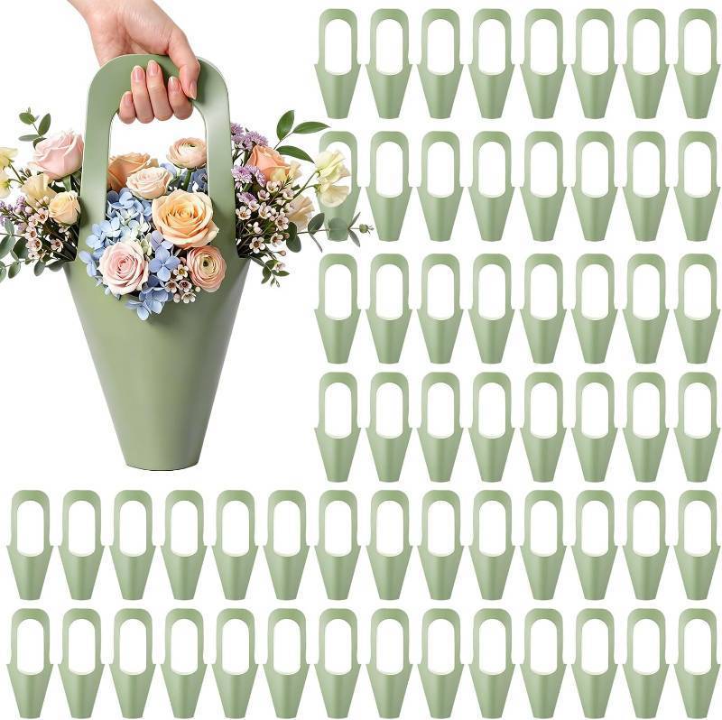 lot 18190 image: Kolldenn 60 Pack Sage Green Kraft Paper Flower Bouquet Wrapping Paper Gift Bags with Handle Flower Gift Bags for Graduation, Wedding, Birthday, Thanksgiving, Party Favors