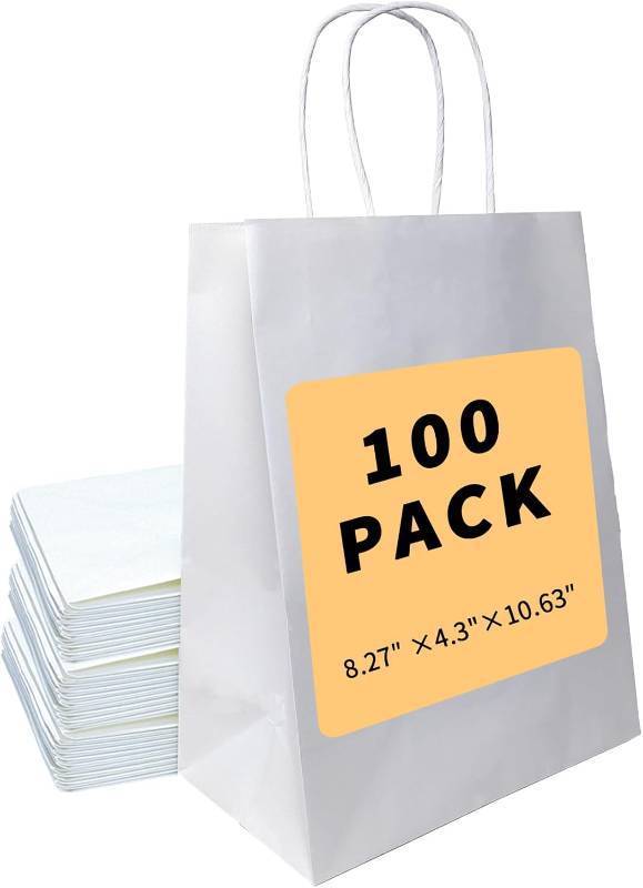 lot 18235 image: BAG BOX 100 Pack 8.25x4.3x10.6 Inch White Gift Bags with Handles,Bulk Kraft Paper Bags for Shopping, Retail, Merchandise, Wedding, Party Favors, Paper Grocery Sacks