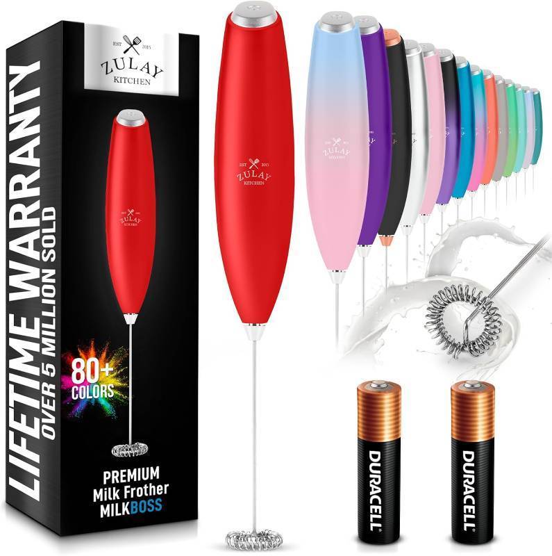 lot 18291 image: Zulay Powerful Milk Frother for Coffee with Upgraded Titanium Motor - Handheld Electric Whisk, Milk Foamer, Mini Mixer & Coffee Blender for Frappe, Latte, Matcha, No Stand - Fire Red