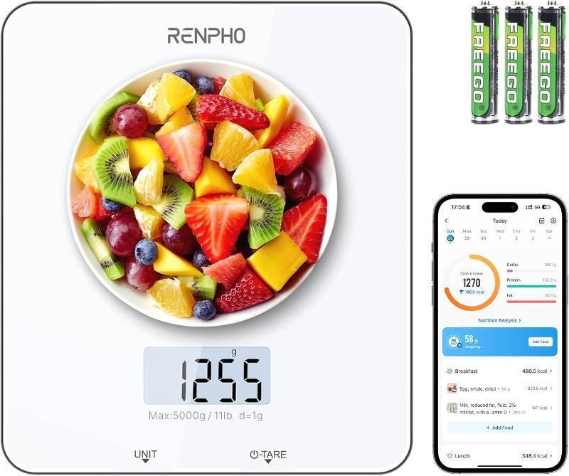 lot 18299 image: RENPHO Food Scale with Nutritional Calculator, Digital Kitchen Scale for Weight Loss, Smart Food Weight Scale with App for Macro Keto Calorie Cooking, Grams and Ounces, White, 11lb5kg