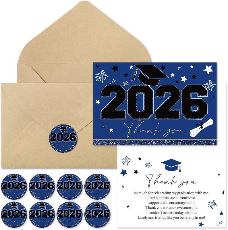 lot 18307 image: Whaline 36 Pcs 2026 Graduation Thank You Cards Greeting Cards Blue Congrats Grad Hat Note Card with Envelope Sticker for School Graduation Party Invitation Supplies, 4 x 6 Inch