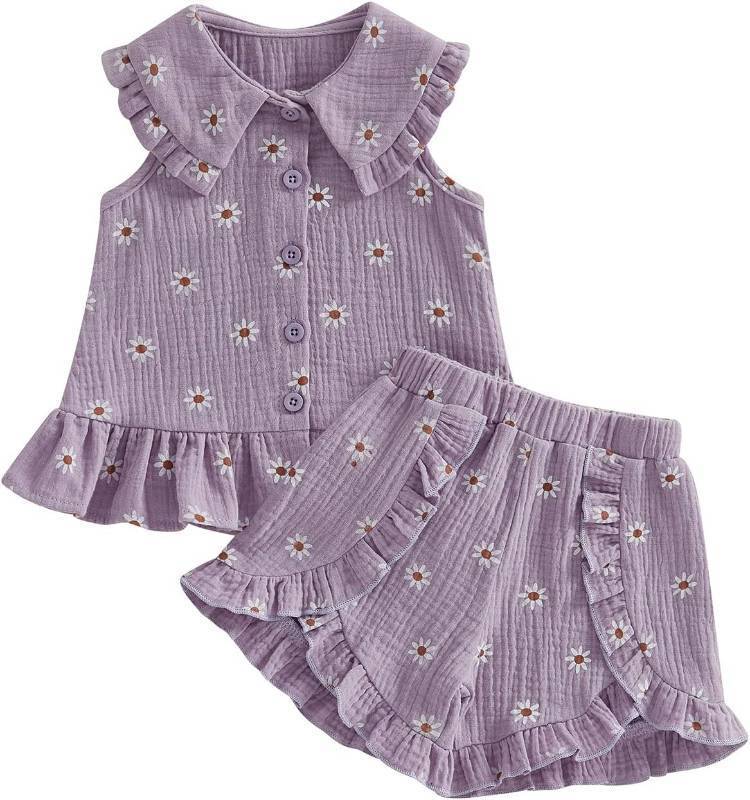 lot 18499 image: Toddler Baby Girl Summer Clothes Daisy Print Soft Muslin Cotton Ruffle Collared Sleeveless Tank Top Shorts Set 4-5 years