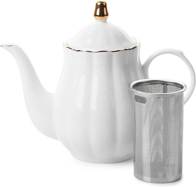 lot 18533 image: BTaT- Porcelain Tea Pot with Stainless Steel Infuser, 32 oz, White, Tea Pot with Gold Trim, Teapot with Infuser, Porcelain Teapot, Tea Brewing Pot, Teapots for Loose Tea