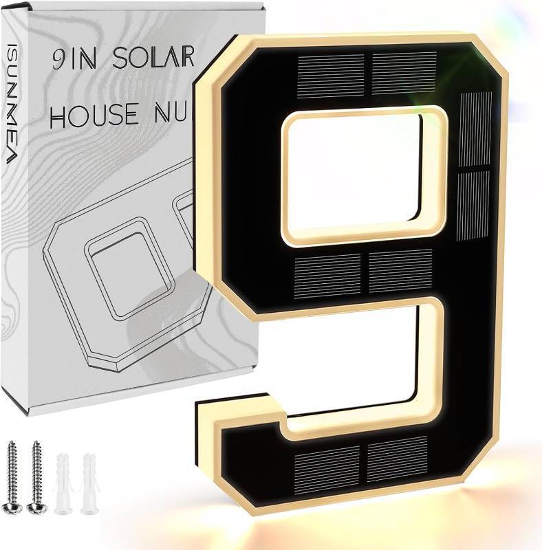 lot 18548 image: ISUNMEA 9 Inch Solar Lighted House Numbers for Outside, Light Up Waterproof LED Address Numbers Signs for Houses, Large Personalized Illuminated Exterior Modern House Numbers Light (9-Black, 9IN)