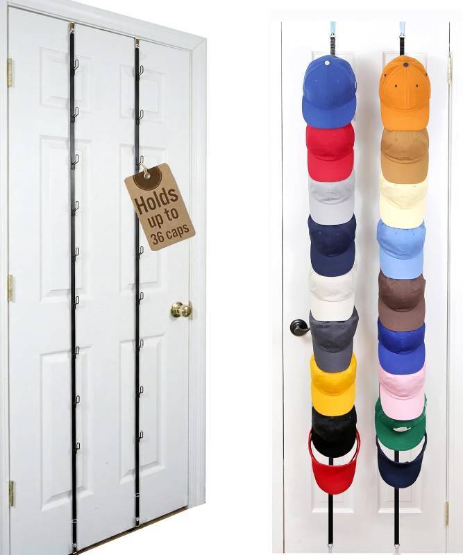 lot 18597 image: Perfect Curve CapRack  Over-The-Door Hat Organizer for Baseball Caps  2 Straps, Holds 18-36 Adjustable Caps  Black