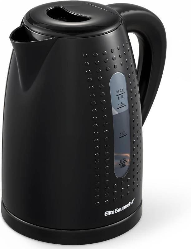 lot 18674 image: Elite Gourmet EKT5051 1.7L Electric Water Kettle, BPA-Free, Fast Boil, Auto Shut-Off, Boil-dry Protection, 360  Swivel Base with Cordless Serving, Clear-view Window with Water Level Markings, Black