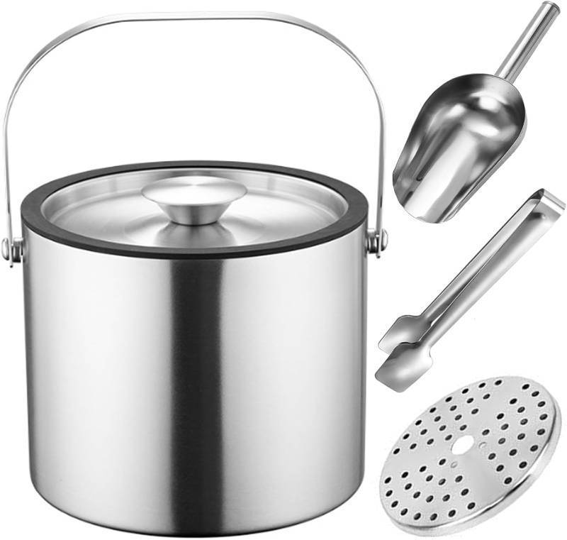 lot 22328 image: 3L Double-Wall Insulated Ice Bucket with Lid, Ice shovel &Tongs and Strainer, Stainless Steel Ice Bath Tub with Silicone Sealed Lid for Wine, Ice Buckets for Parties, Wine Chiller, Light Sliver