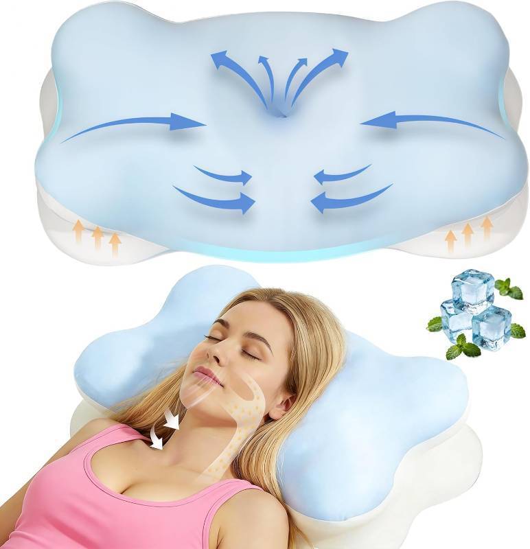 lot 22838 image: Sleep Apnea Pillow, Ergo Pillow for Sleep Apnea, Extended Cervical Neck Pillow for Pain Relief, Orthopedic Memory for Neck Support, Cooling & Adjustable for Back, Stomach and Side Sleepers