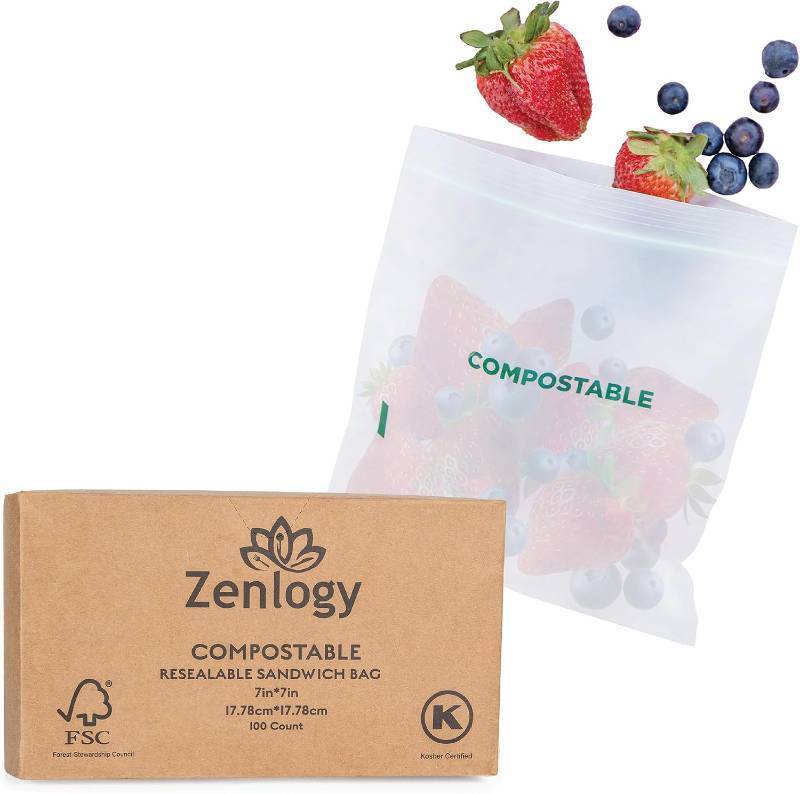 lot 22845 image: Zenlogy Compostable Sandwich Bag (7 x 7), Resealable Food Storage Bags, Biodegradable & Freezer Safe Baggies, Organic Eco-Friendly Storage Container, 100 Pack
