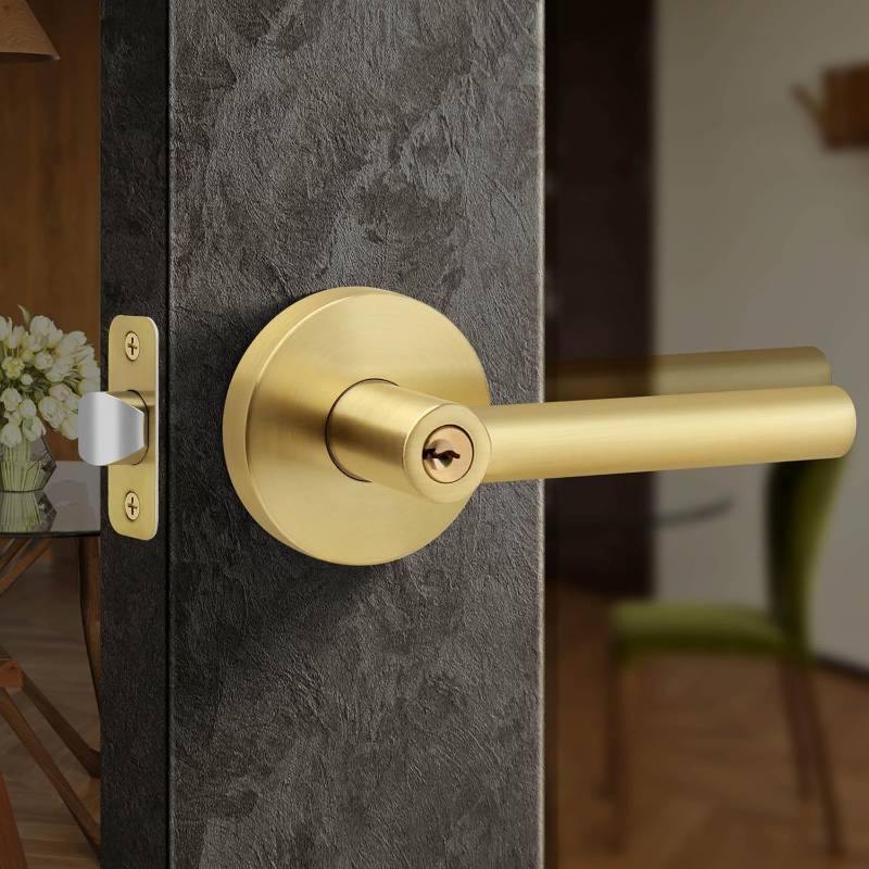 lot 22961 image: Moquin Gold Door Handle with Lock and Key, Heavy Duty Keyed Entry Brushed Gold Door Handles for Bedroom or Front Door, Satin Brass
